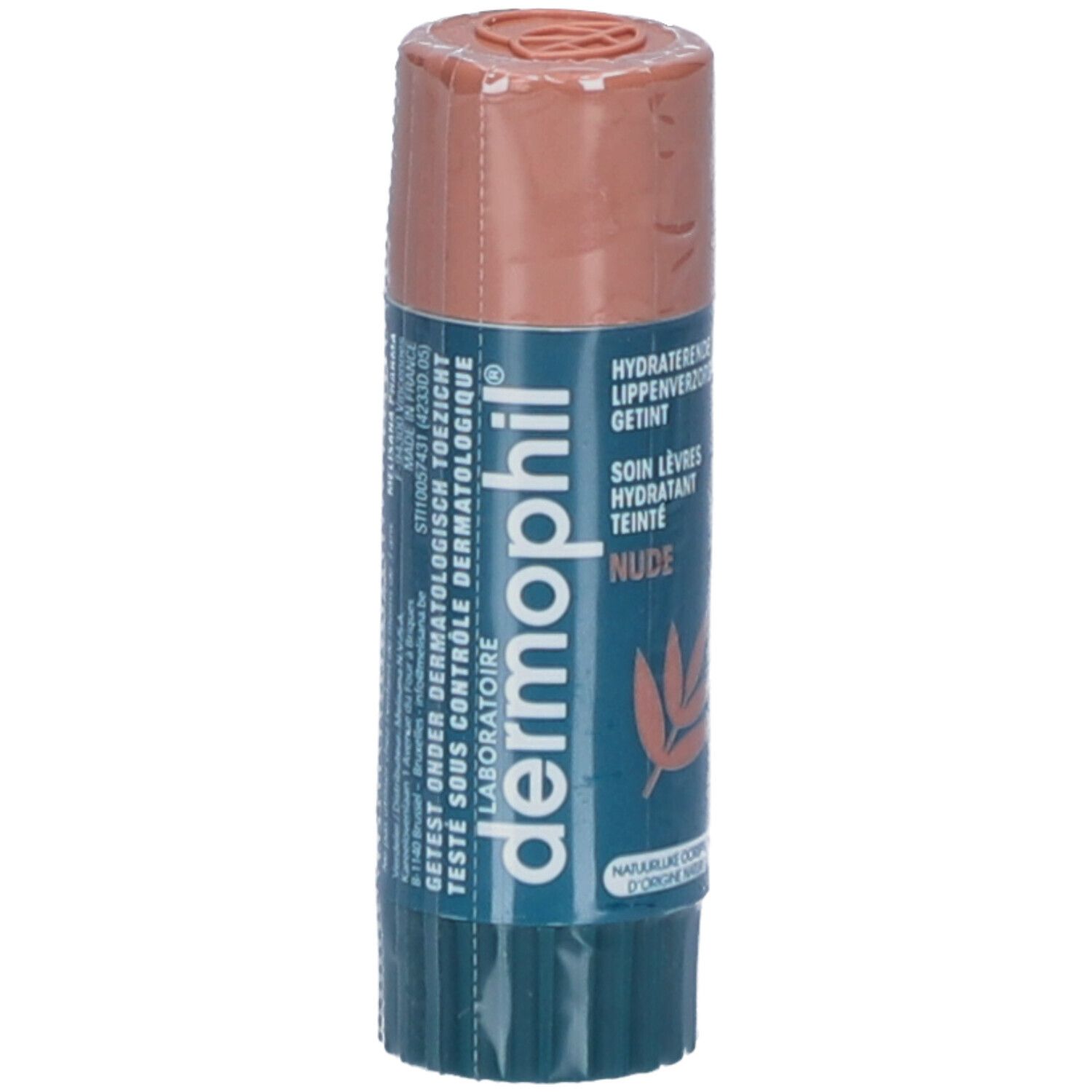 Lipverzorgingsstick in transparante verpakking. Blauwe en beige tinten. Opschrift: Dermophil, Getint Nude.