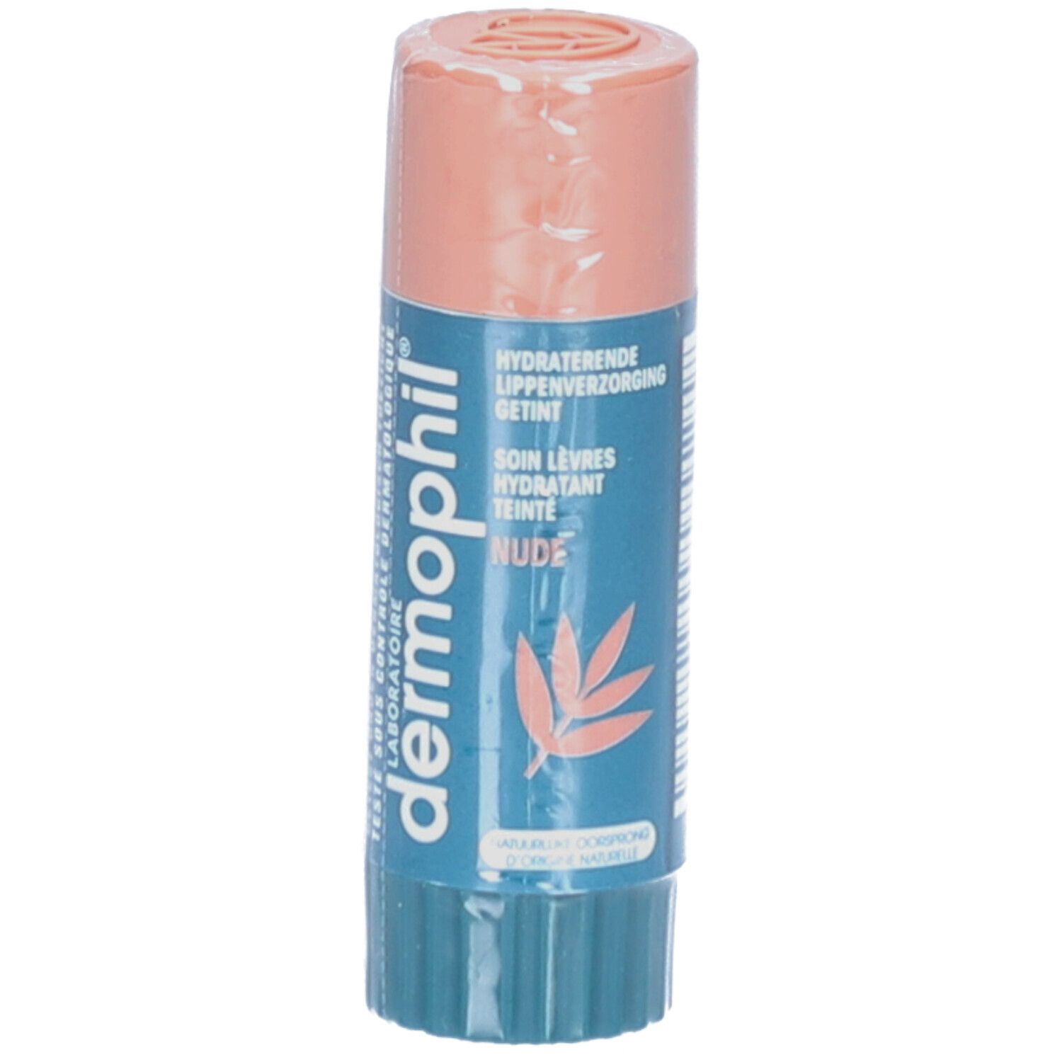 Lipverzorgingsstick in transparante verpakking. Blauwe en beige tinten. Opschrift: Dermophil, Getint Nude.