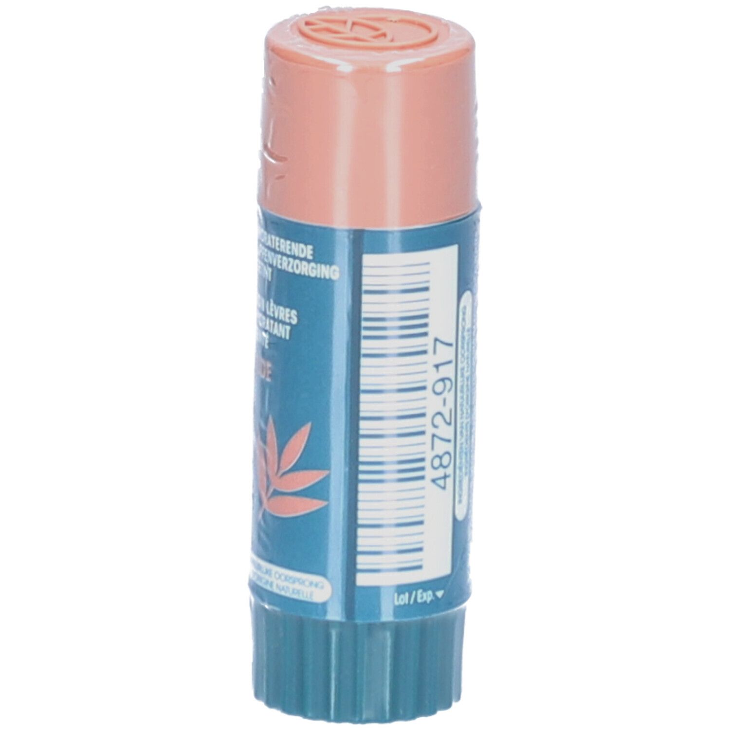 Lipverzorgingsstick. Blauwe en beige tinten. Opschrift: Dermophil. Barcode en productinformatie.