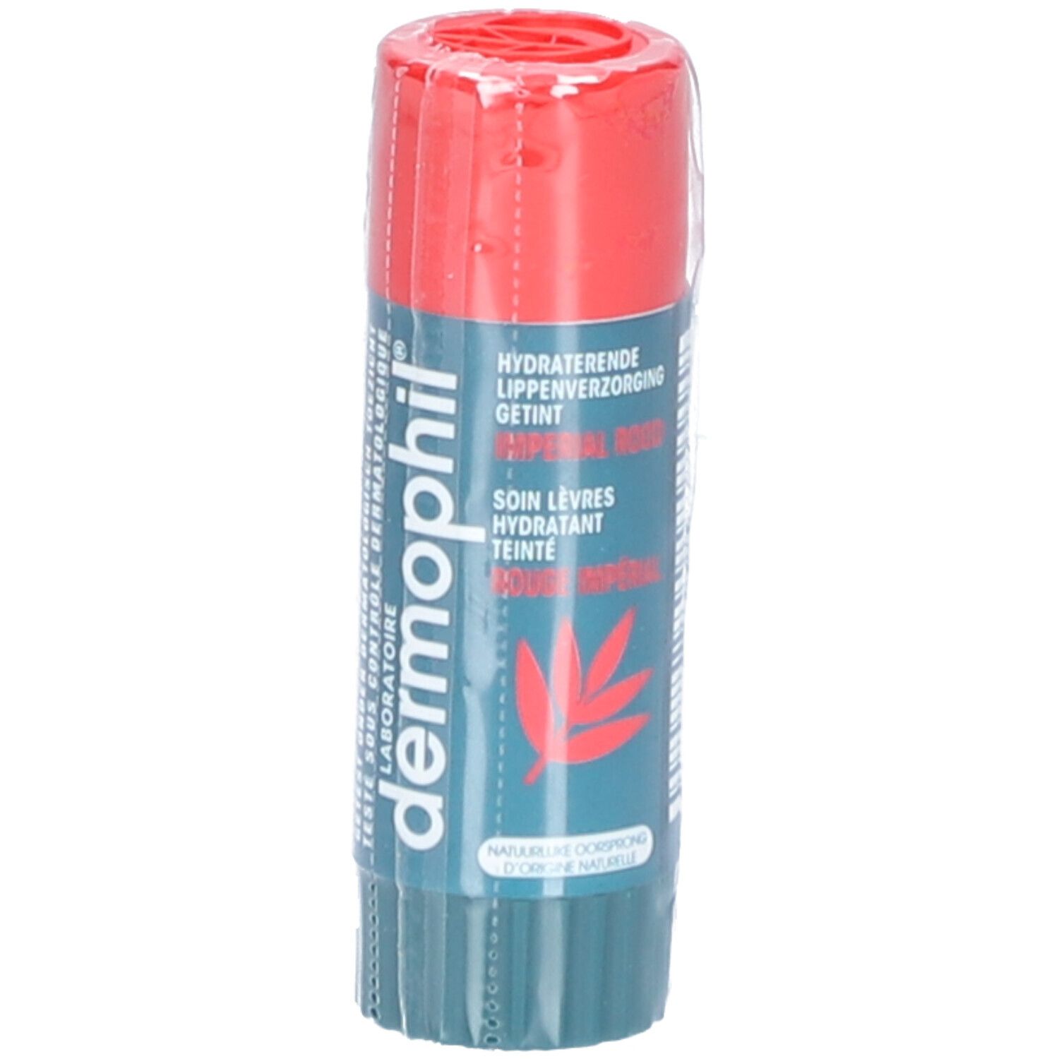 Lipverzorgingsstick in folie. Rode dop, blauwe body. Tekst: Dermophil, Getint Imperial Rood, Soin lèvres.