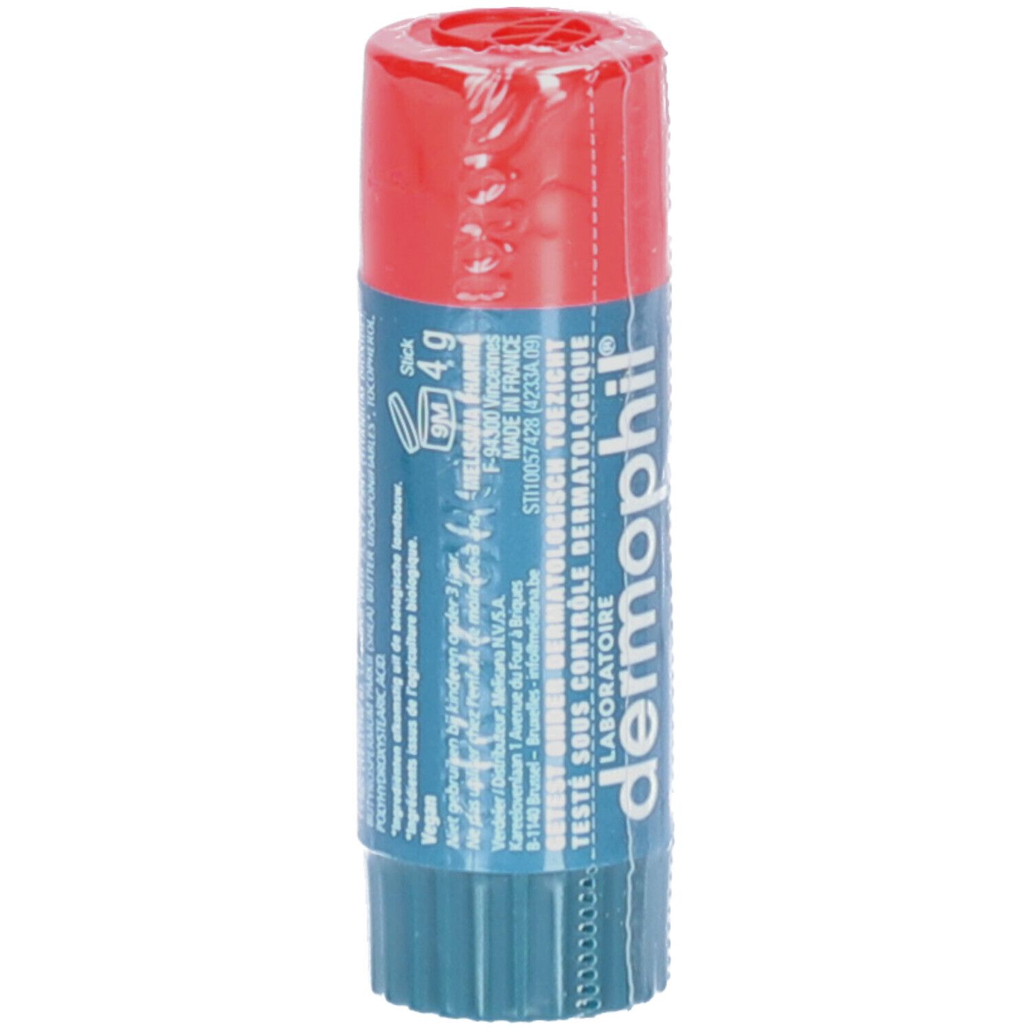 Lipverzorgingsstick in folie. Rode dop, blauwe body. Tekst: Dermophil, 4g, Made in France.
