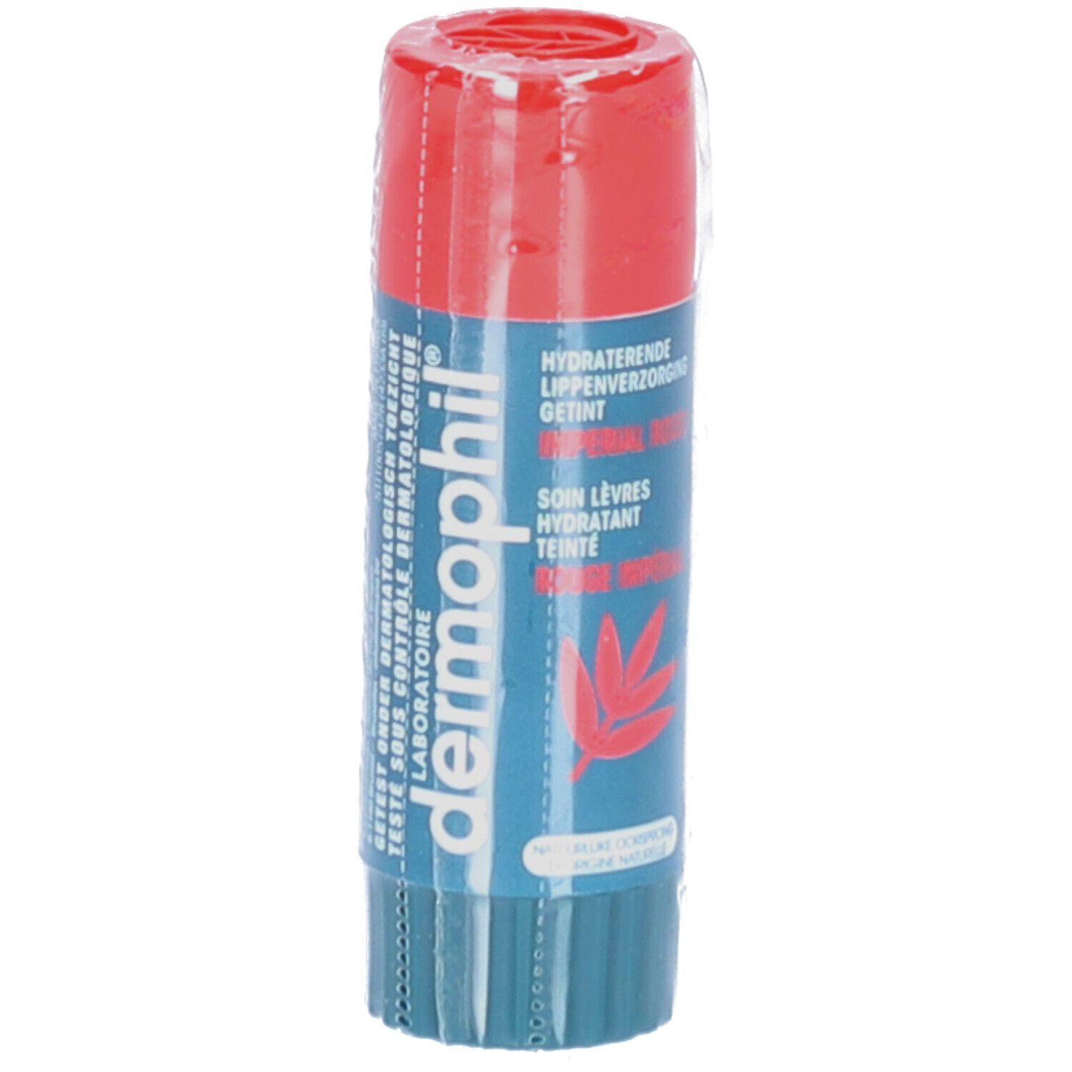 Lipverzorgingsstick in folie. Rode dop, blauwe body. Tekst: Dermophil, Getint Imperial Rood, Soin lèvres.