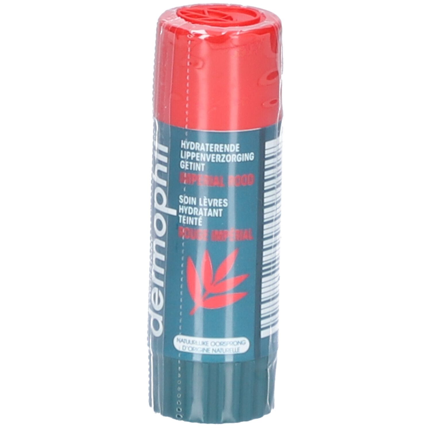 Lipverzorgingsstick in folie. Rode dop, blauwe body. Tekst: Dermophil, Getint Imperial Rood, Soin lèvres.