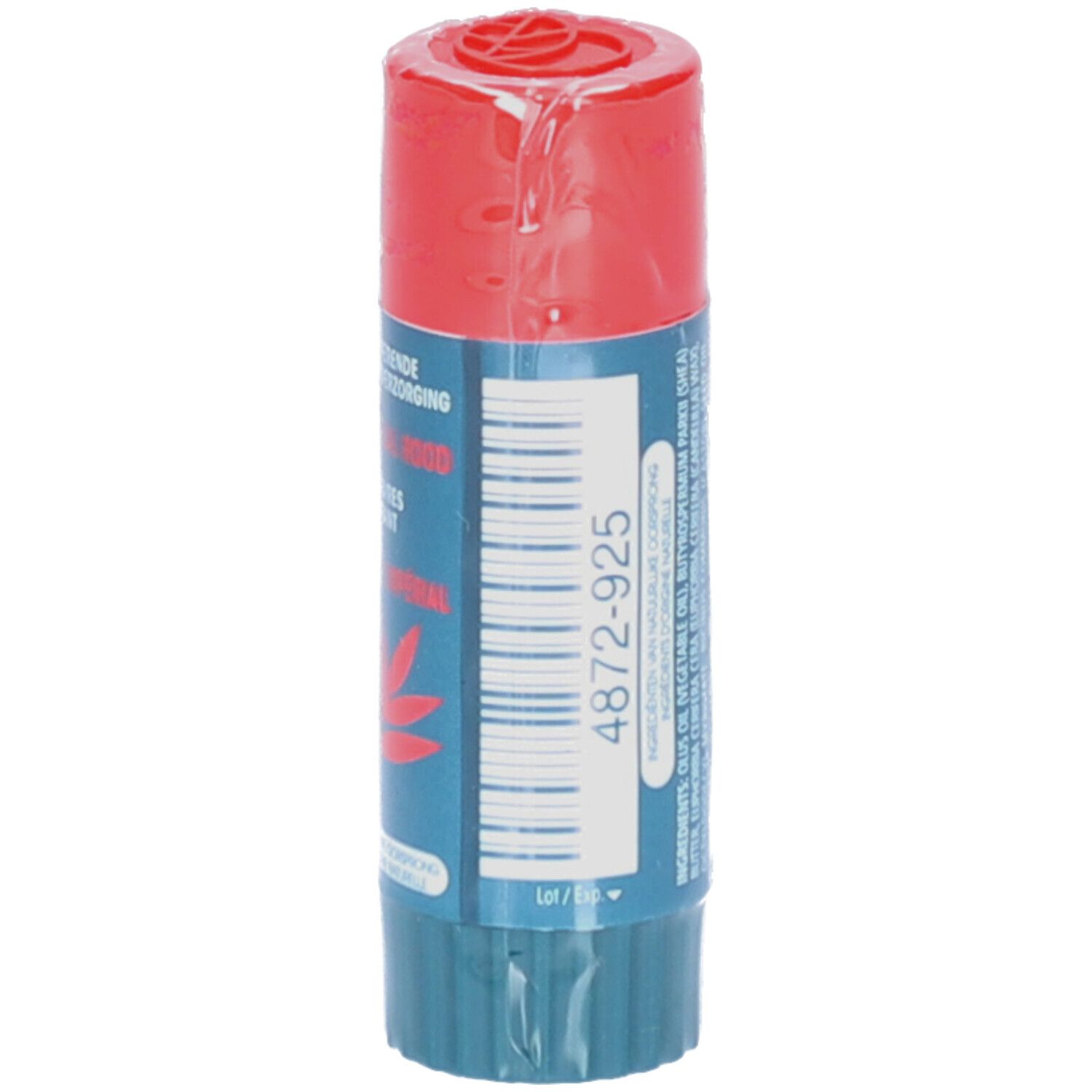 Lipverzorgingsstick in folie. Rode dop, blauwe body. Tekst: Dermophil, 4872-925, Ingrediënten.