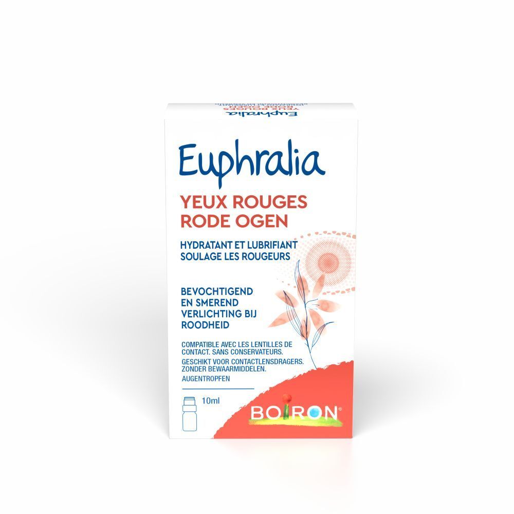 Doosje Euphralia Yeux Rouges. Bevat oogdruppels. Merk Boiron. Tekst in het Frans.