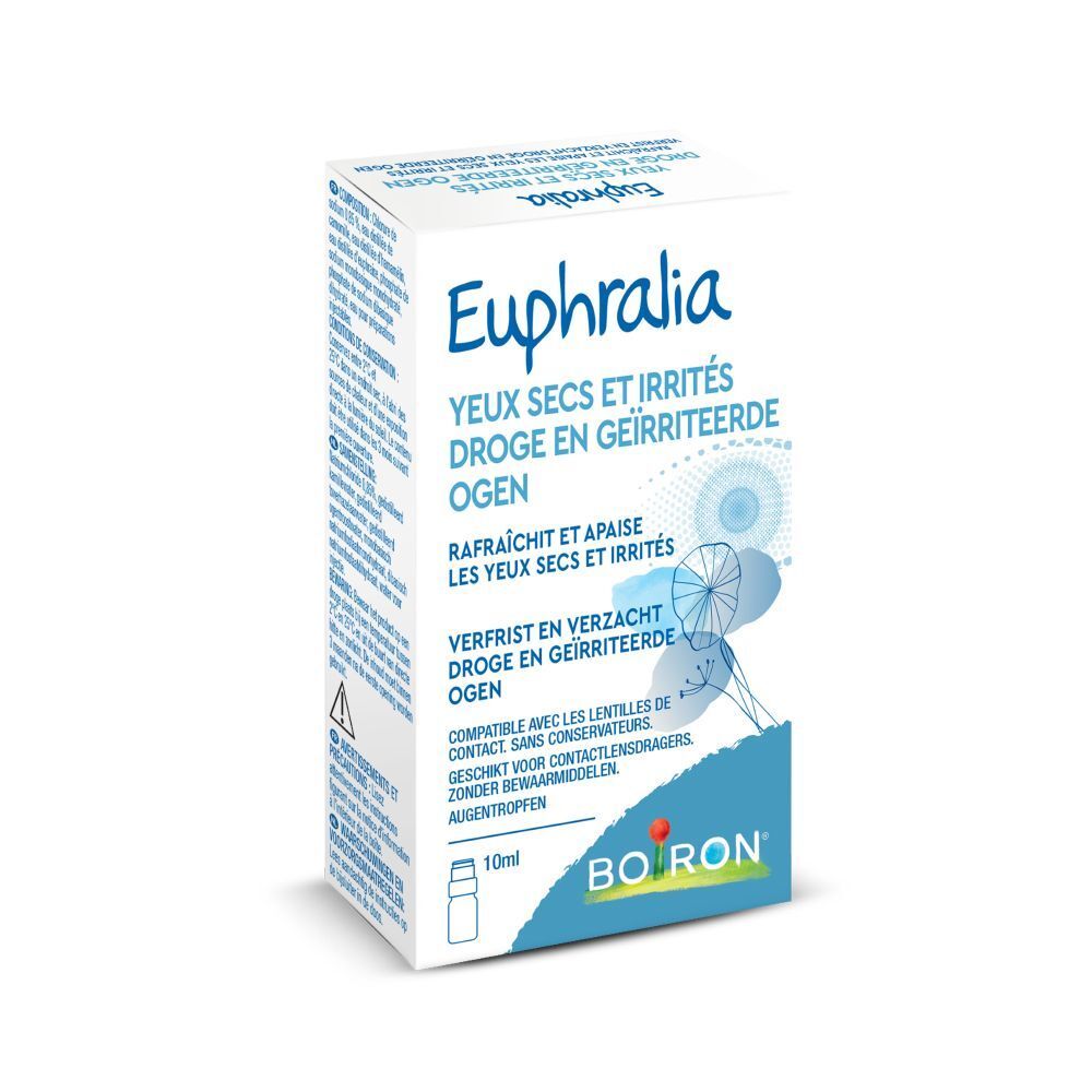 Witte doos met opschrift Euphralia, oogdruppels, Boiron. Fles zichtbaar.