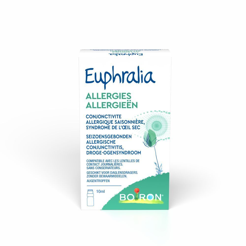 Doosje Euphralia Allergies. Tekst: Allergische conjunctivitis, droge-ogensyndroom. 10ml. Merk Boiron.