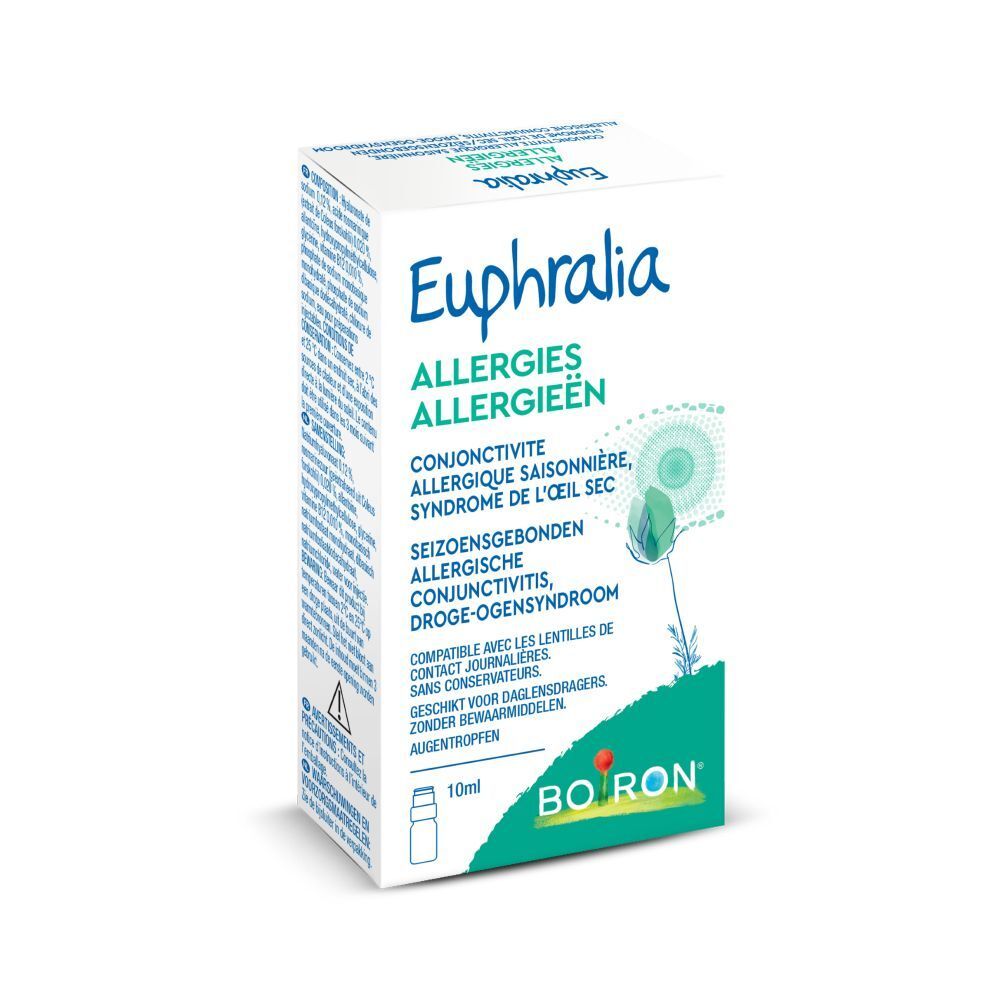 Doosje Euphralia Allergies. Tekst: Allergische conjunctivitis, droge-ogensyndroom. 10ml. Merk Boiron.