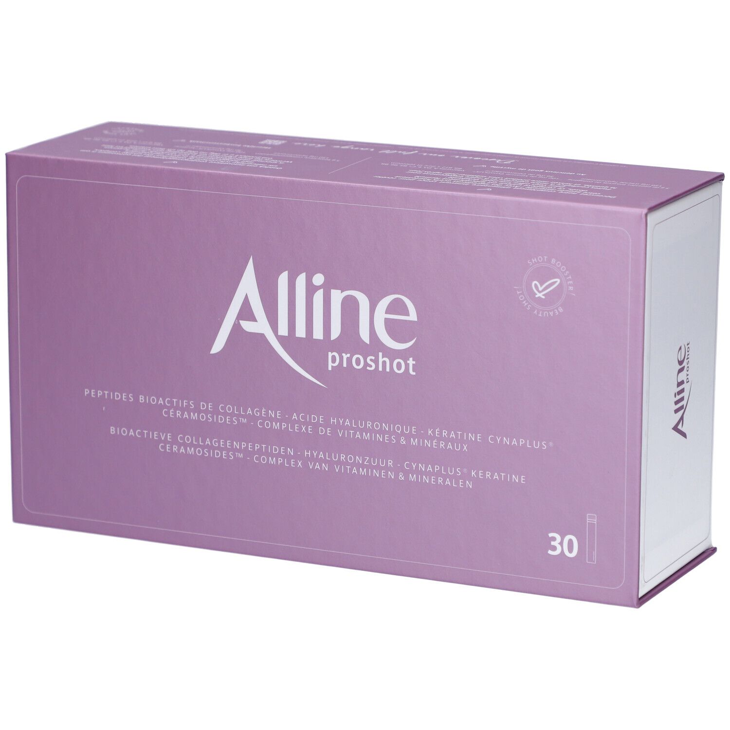 Boîte Alline proshot. Boîte violette avec texte blanc. Contient 30 flacons.