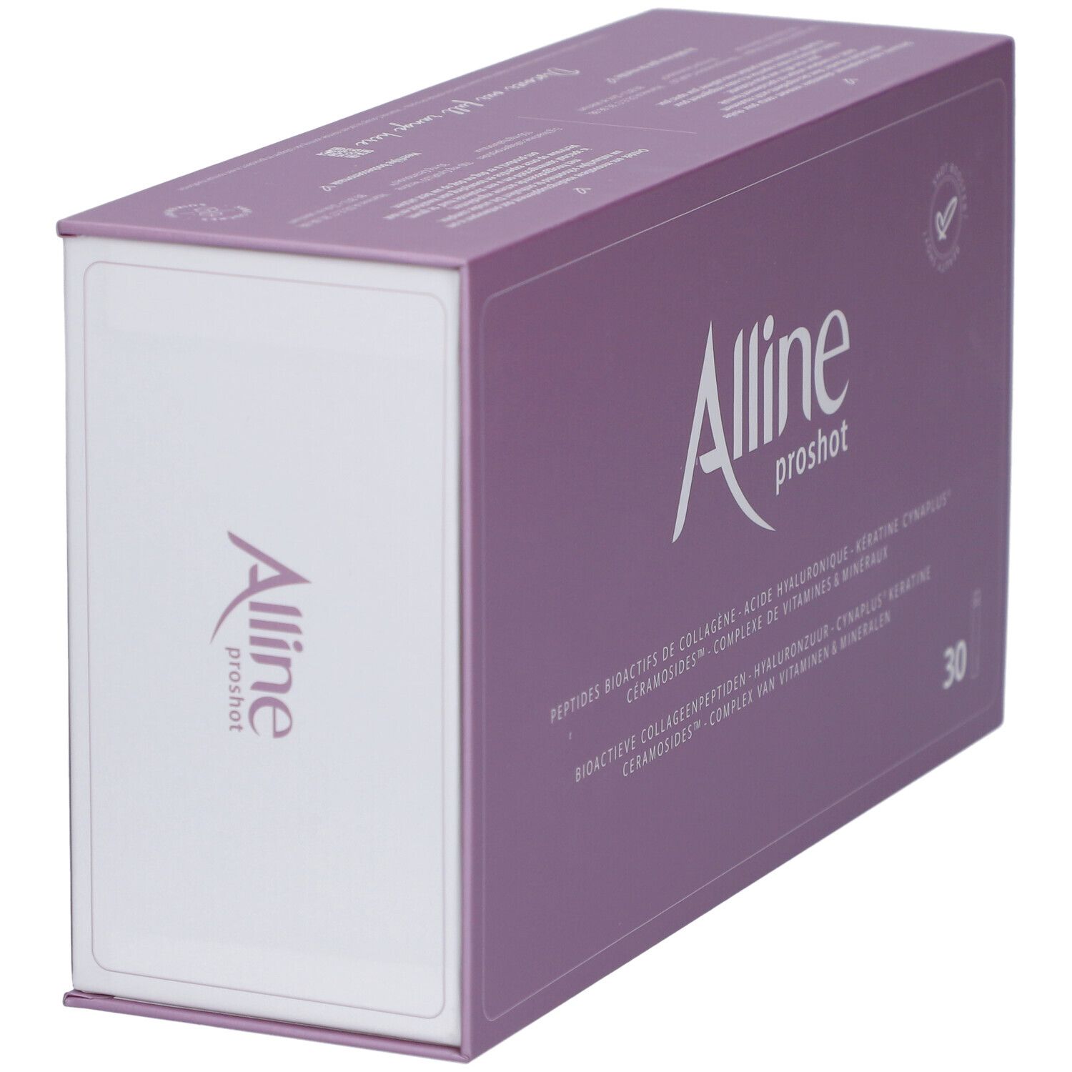 Boîte Alline proshot. Boîte violette avec texte blanc. Contient 30 flacons.