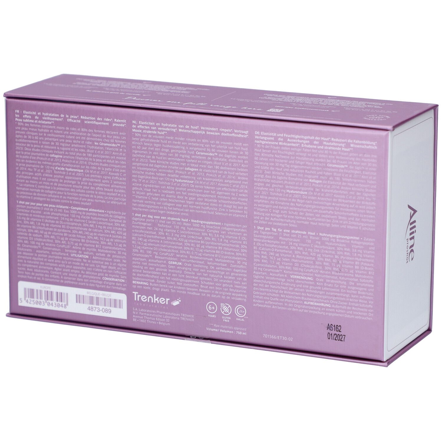 Dos de la boîte Alline proshot. Violet avec texte. Code-barres et date de péremption.