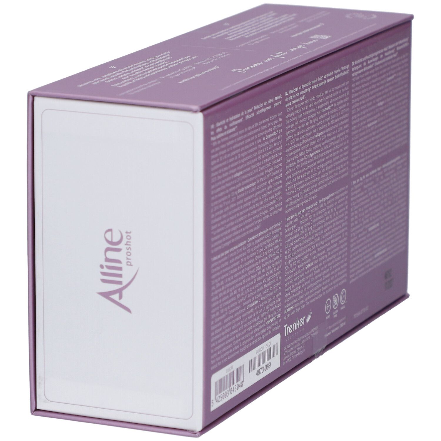 Dos de la boîte Alline proshot. Violet avec texte. Code-barres et date de péremption.