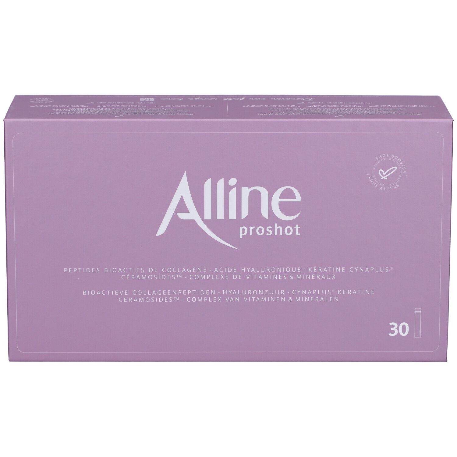 Boîte Alline proshot. Boîte violette avec texte blanc. Contient 30 flacons.