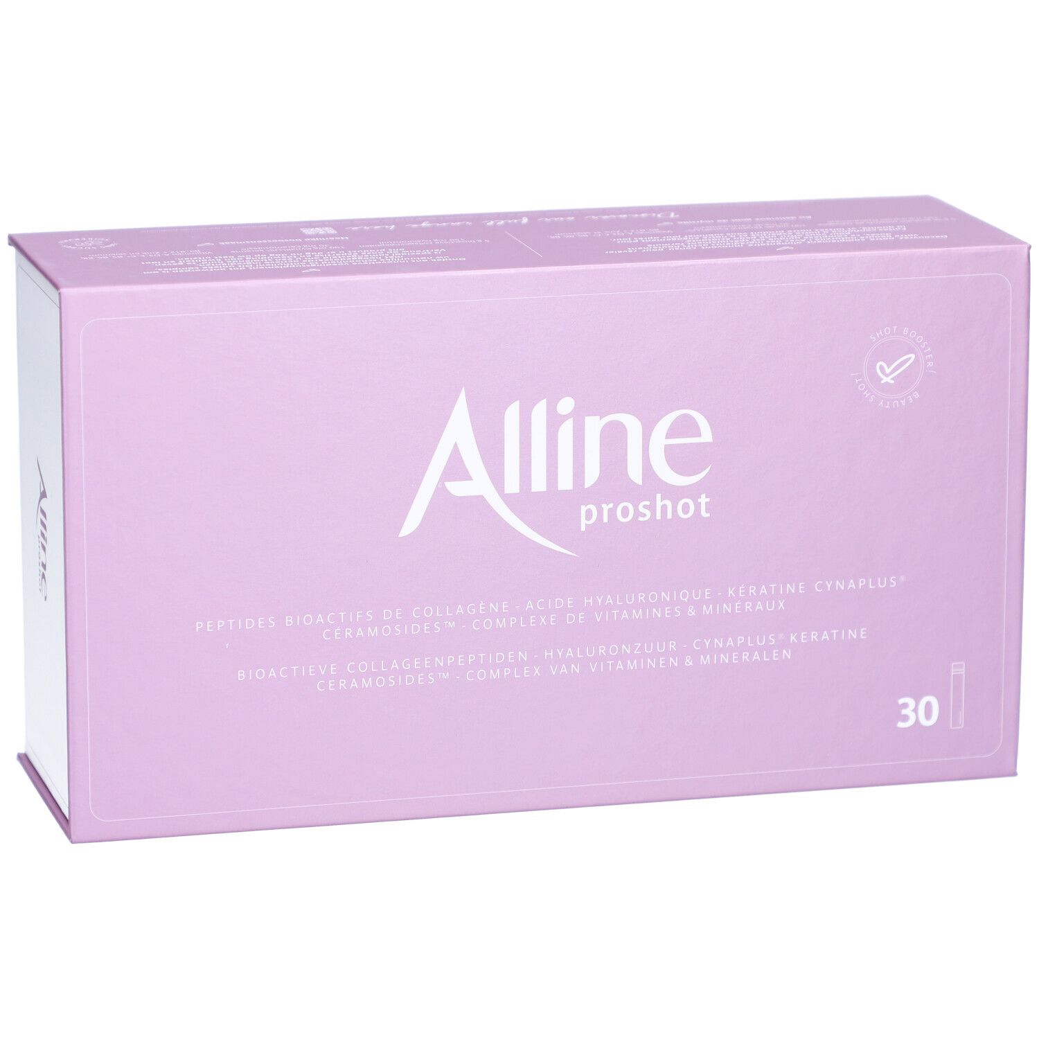 Boîte Alline proshot. Boîte violette avec texte blanc. Contient 30 flacons.