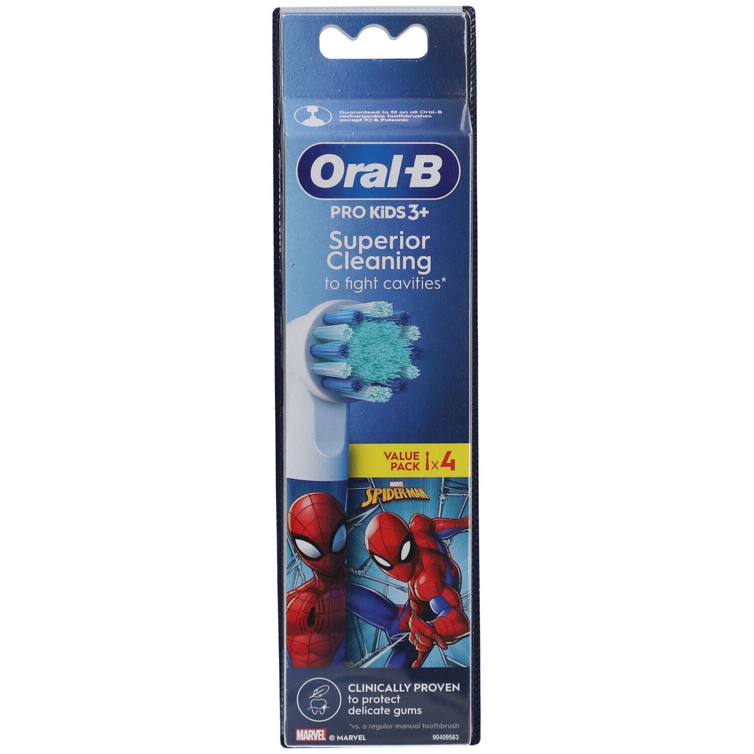 Oral-B Pro Kids 3+ opzetborstels. Verpakking met Spiderman. Bevat vier borstelkoppen. Zichtbaar: Oral-B logo en productnaam.
