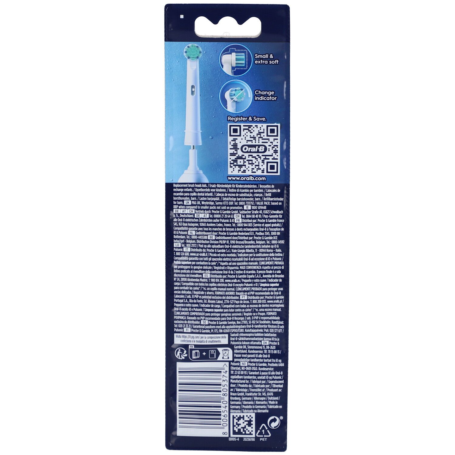 Dos de l'emballage des recharges Oral-B Pro Kids 3+. Informations, code QR et illustration du produit.