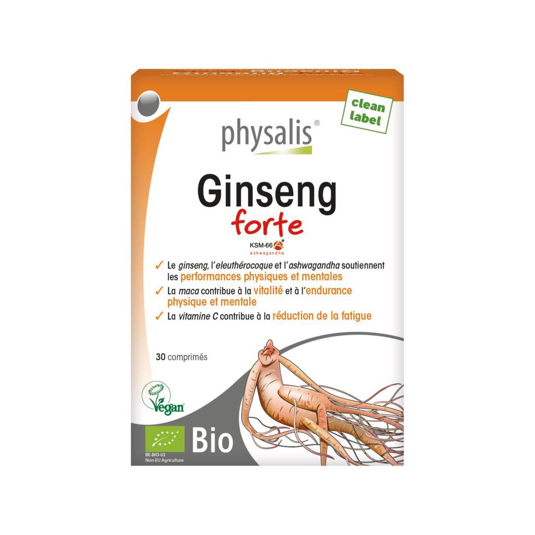 Boîte de Physalis Ginseng Forte. Contient 30 comprimés. Label Bio et logo Vegan. Couleurs orange et blanc.