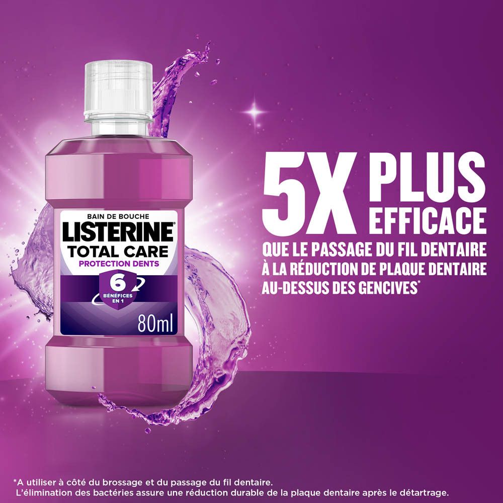 Bain de bouche Listerine Total Care. Texte: 5X PLUS EFFICACE. Flacon 80ml.