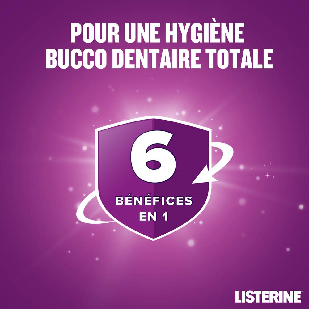 Listerine Total Care. Écusson avec texte: 6 BÉNÉFICES EN 1.