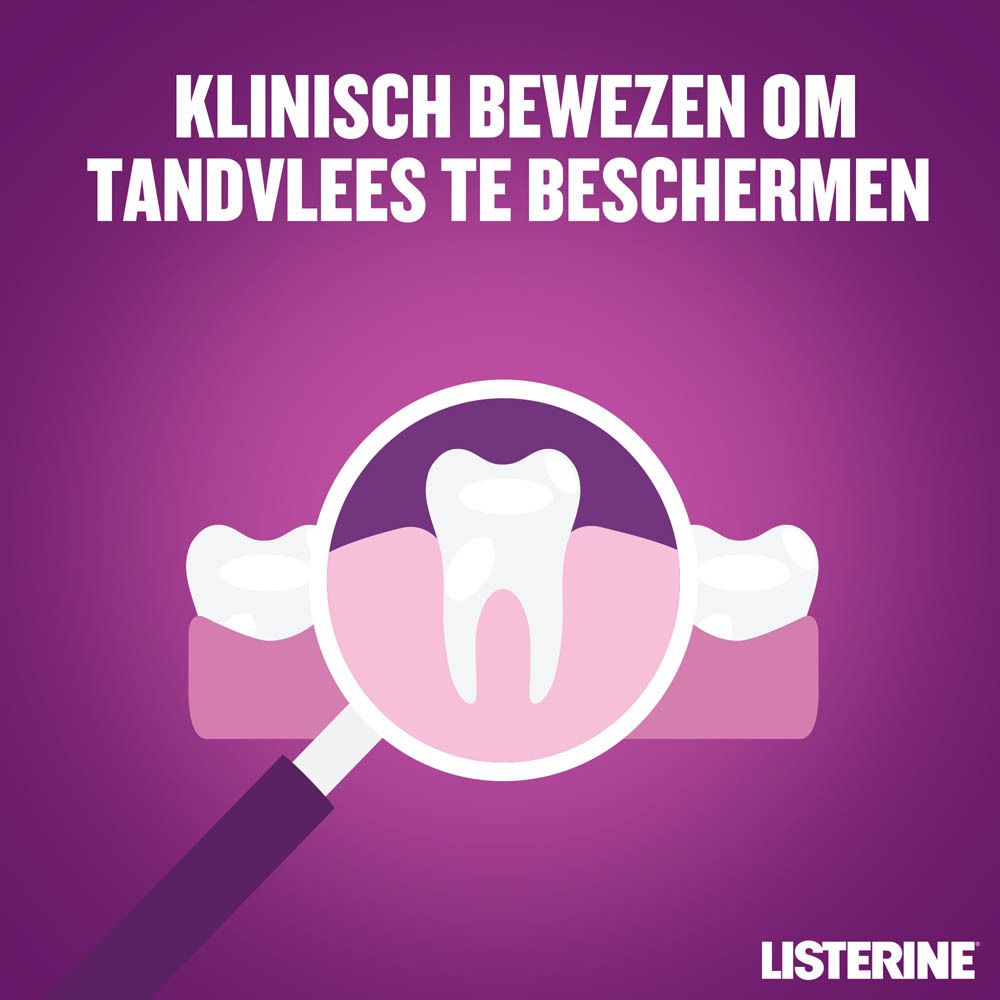 Listerine Total Care. Illustratie van een tand en tandvlees onder een vergrootglas.