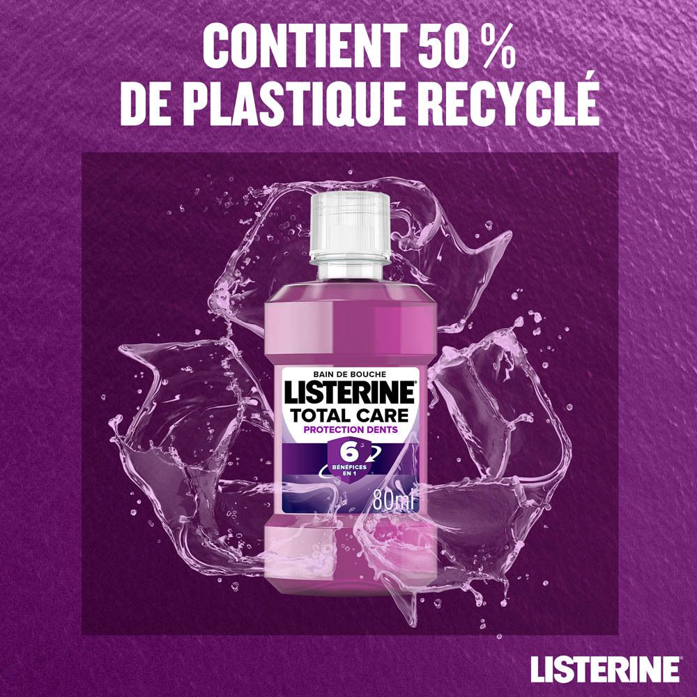 Listerine Total Care. Flacon avec symbole de recyclage. Texte: Contient 50% de plastique recyclé.