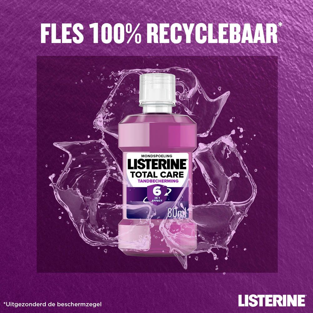 Listerine Total Care. Fles met recyclingsymbool. Tekst: FLES 100% RECYCLEBAAR.
