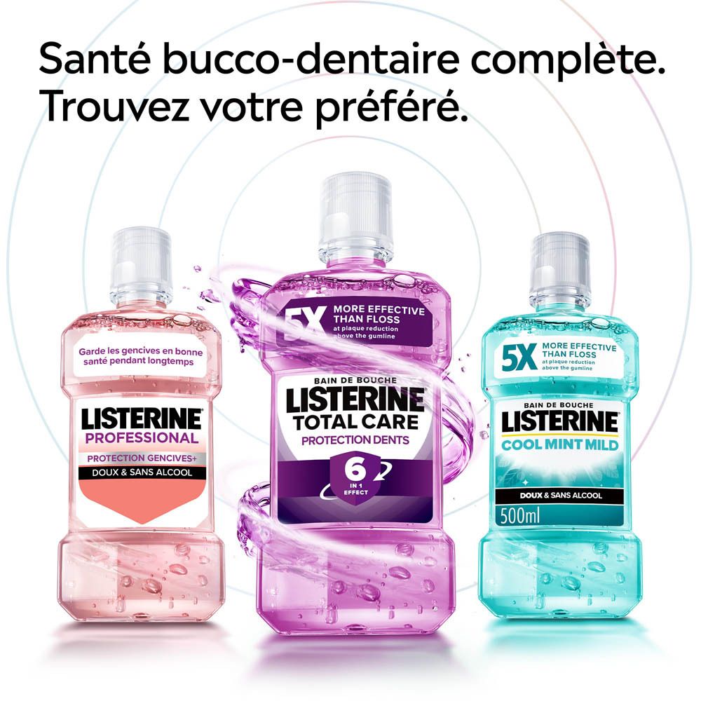 Trois bains de bouche Listerine. Total Care, Professional, Cool Mint Mild.
