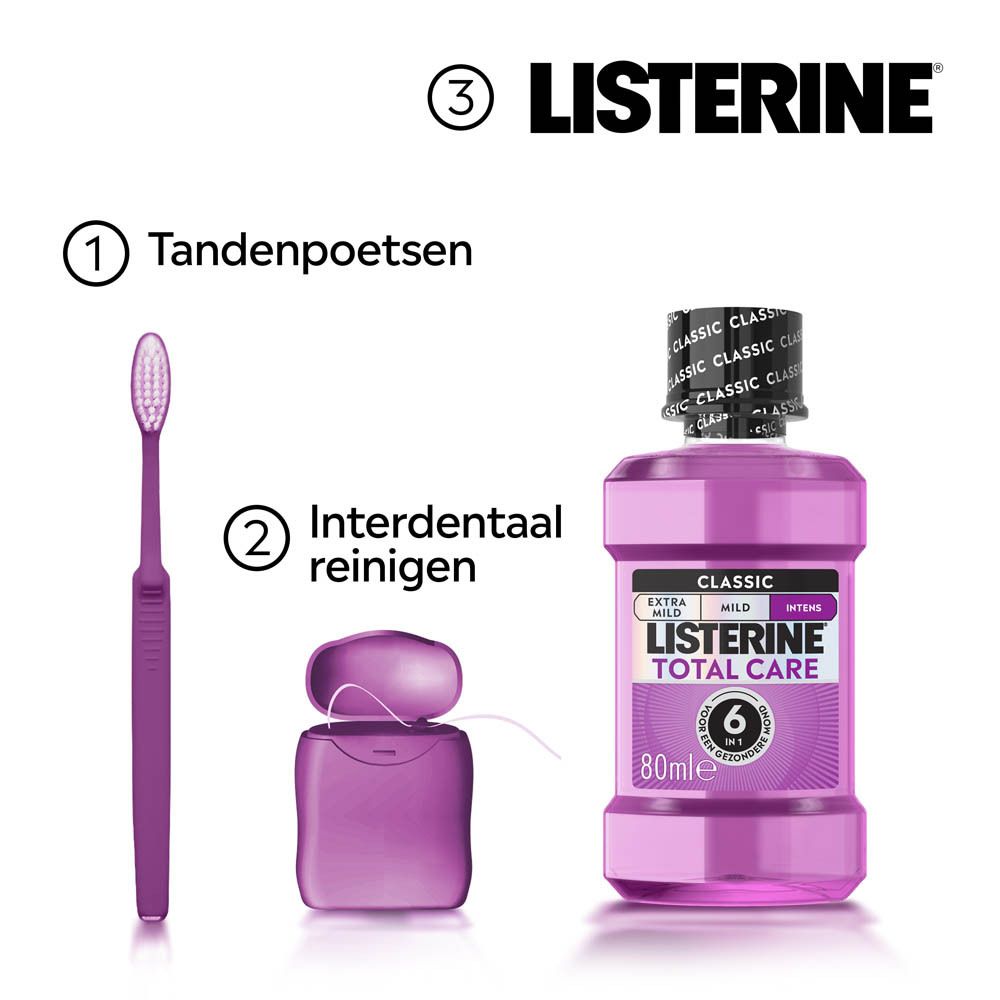 Listerine Total Care mondwater 80ml, tandenborstel en flosdraad.