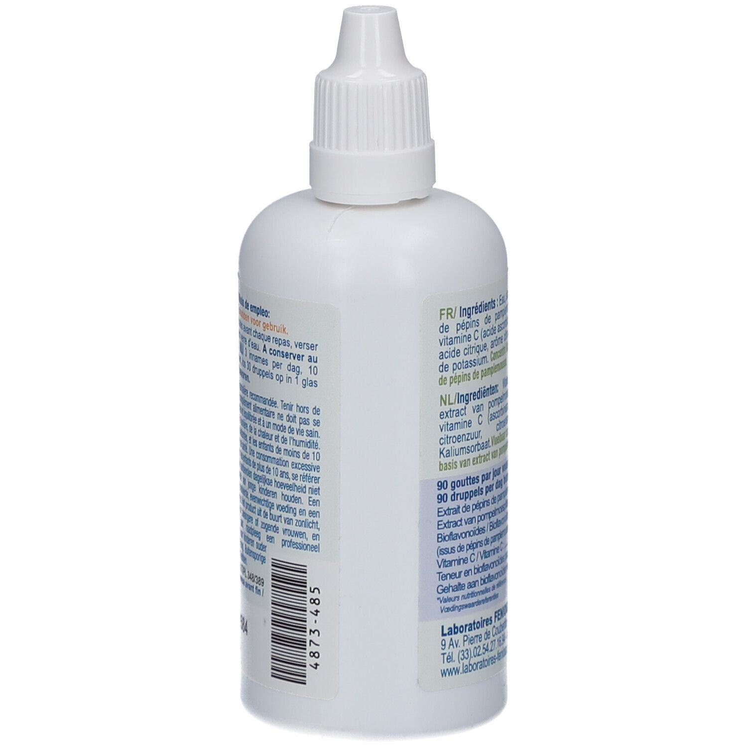 Vue latérale du flacon blanc. Contient des informations d'utilisation et des avertissements. Logo Laboratoires Fenioux.