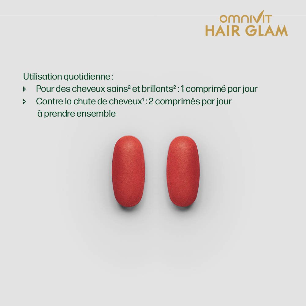 Deux comprimés rouges. Texte : « Pour des cheveux sains et brillants ». Texte : « Contre la chute de cheveux ».