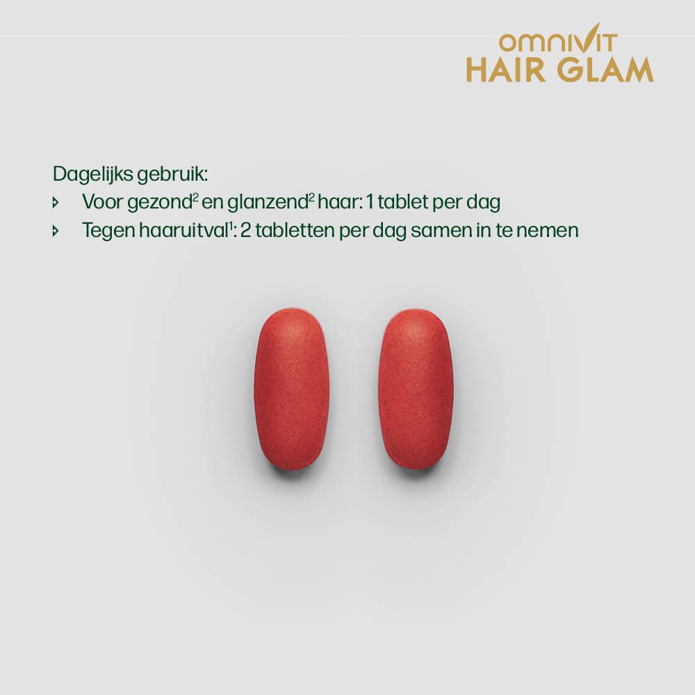 Twee rode tabletten. Tekst: « Voor gezond en glanzend haar ». Tekst: « Tegen haaruitval ».