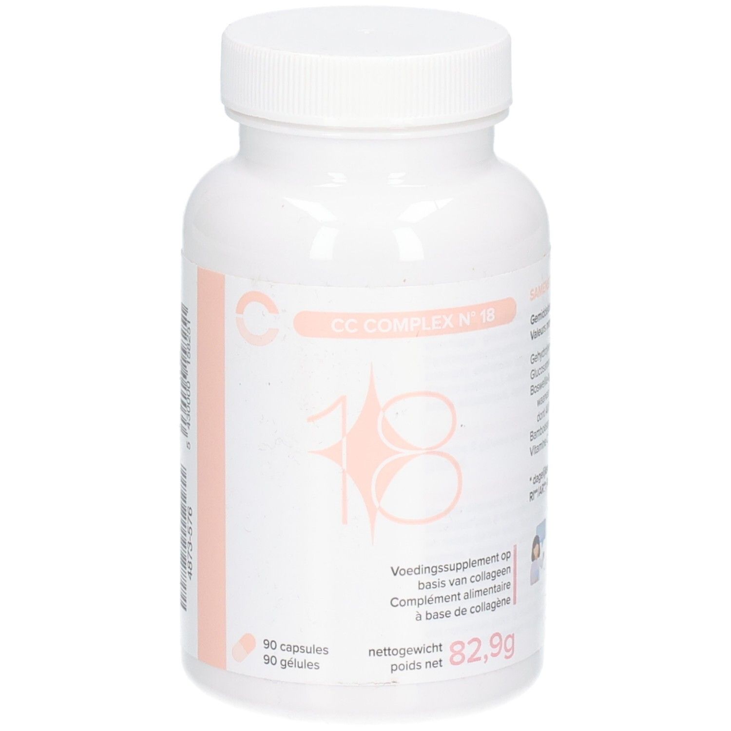 Witte capsule met oranje etiket waarop 'CC COMPLEX N°18' en '90 capsules' staat.