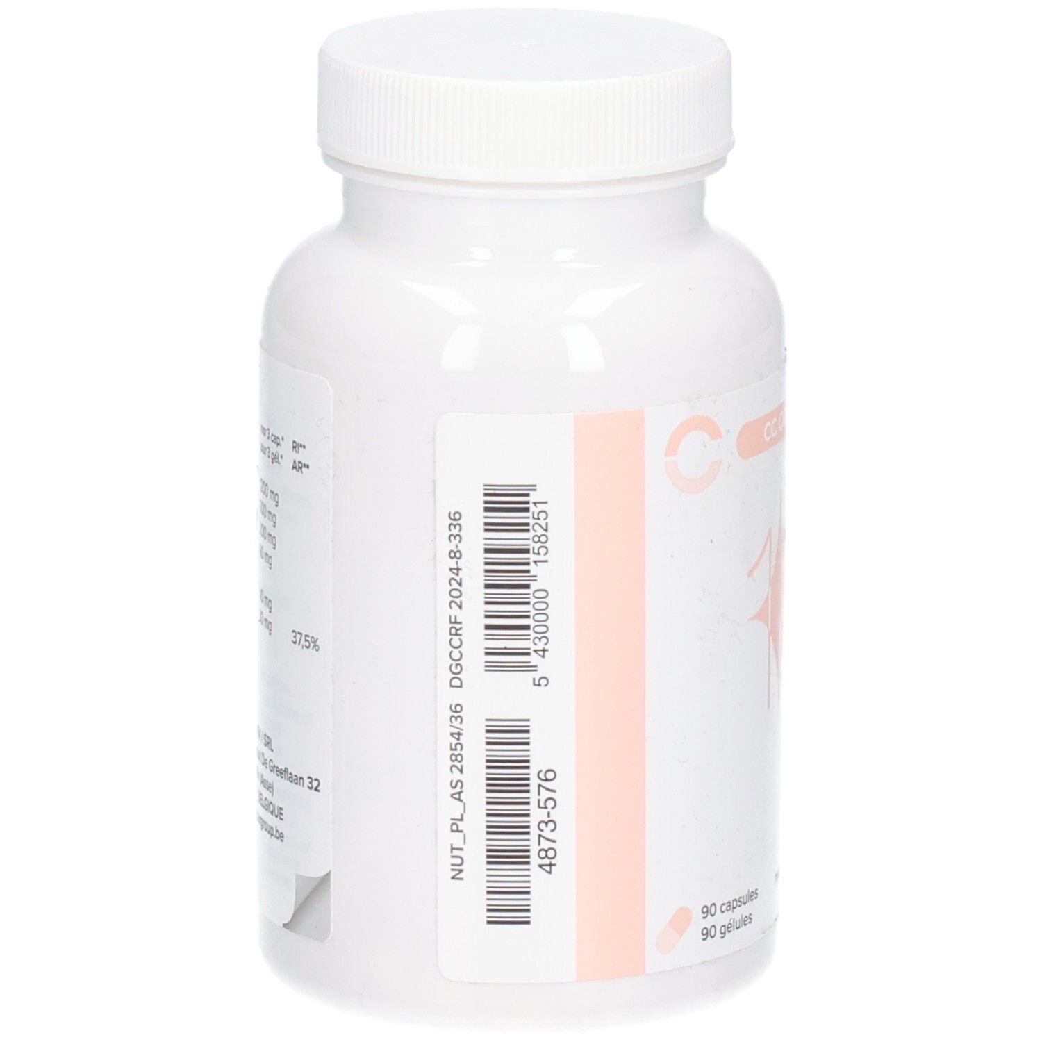 Achterkant van een witte capsule met oranje etiket en barcode.