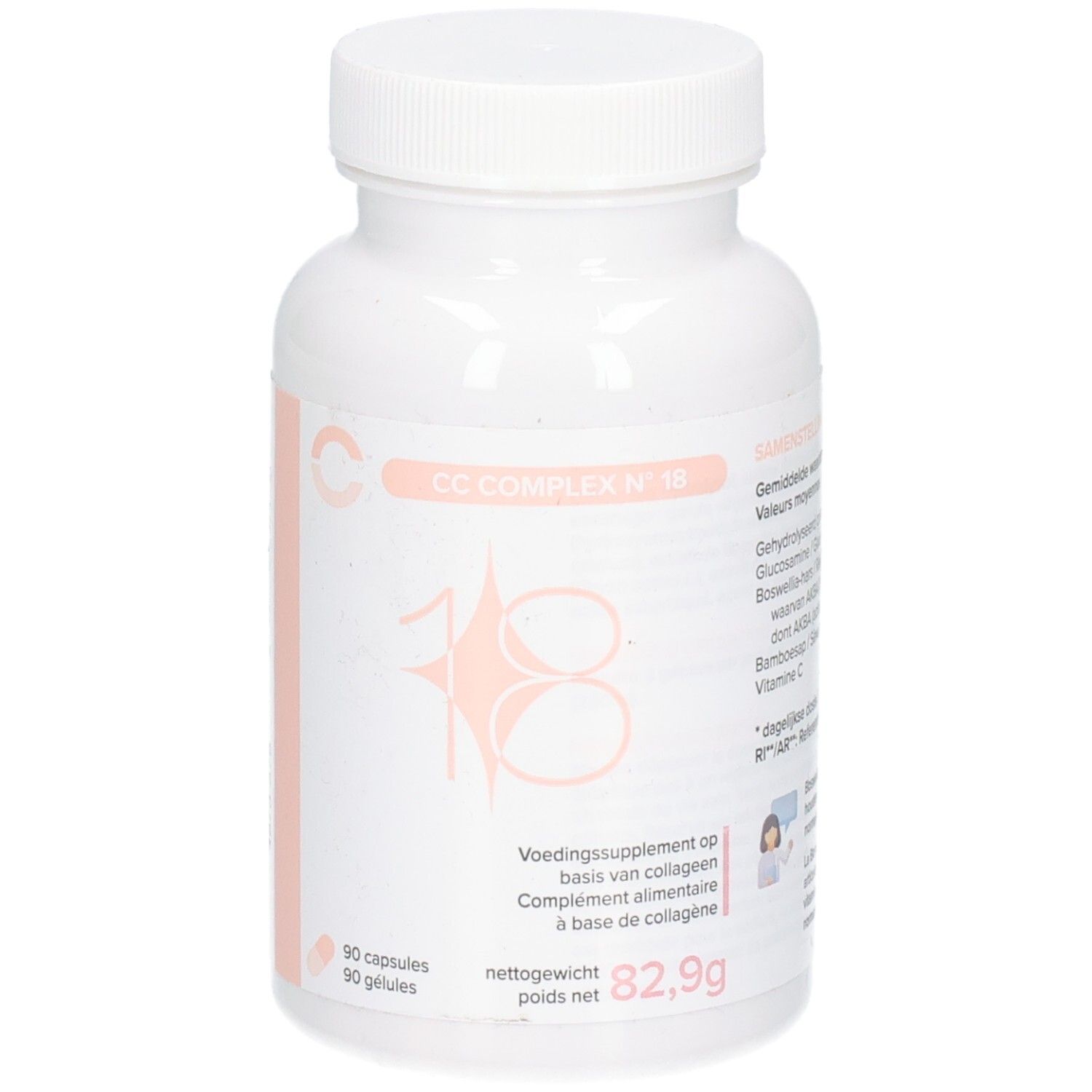 Witte capsule met oranje etiket waarop 'CC COMPLEX N°18' en '90 capsules' staat.
