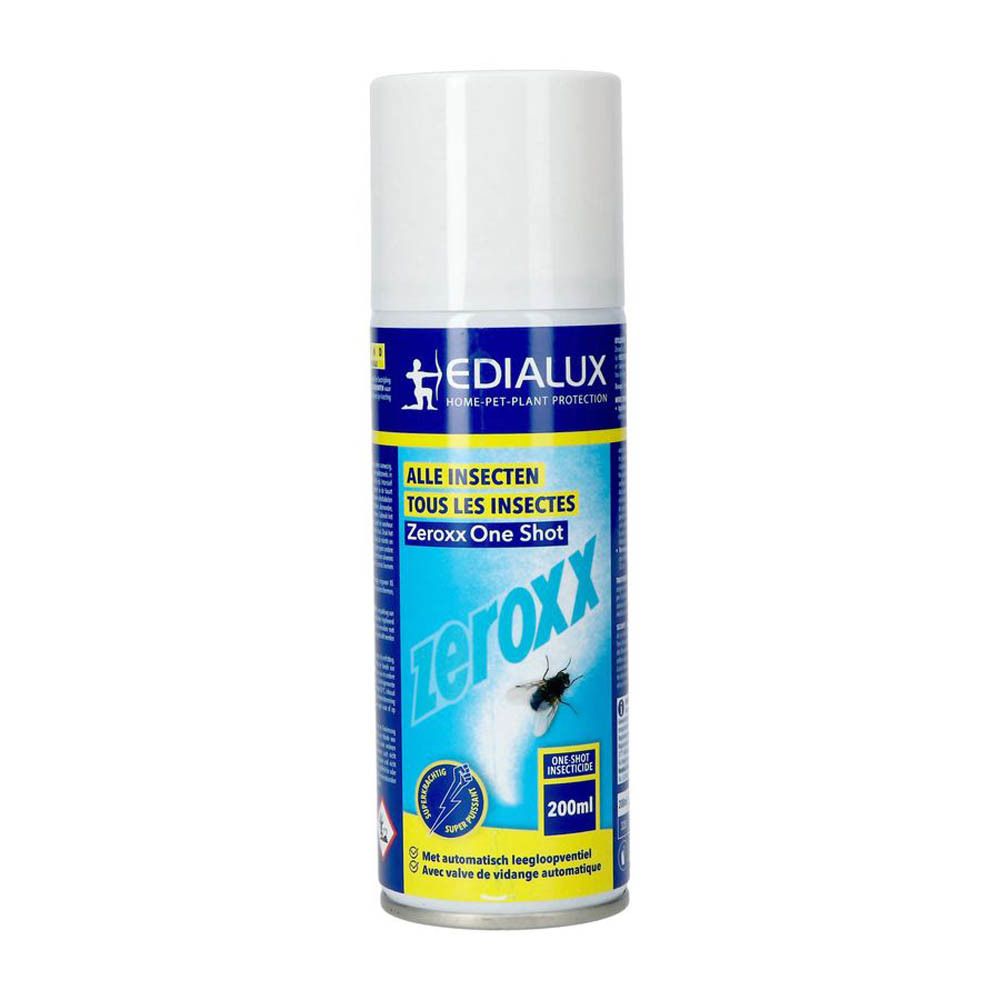 Cilindrische spuitbus met witte dop. Opschrift: Edialux, Zeroxx One Shot. Tegen alle insecten. 200ml.