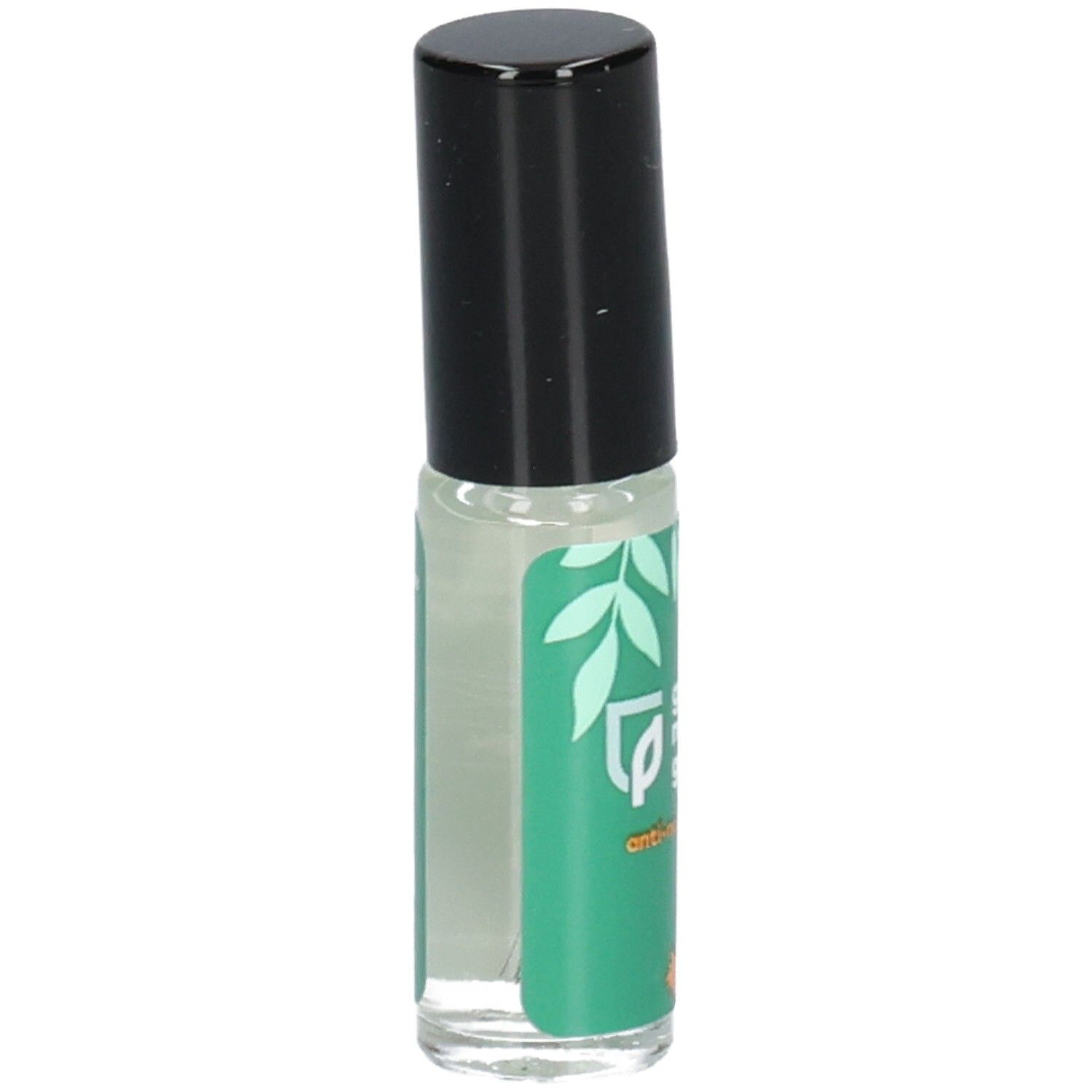 Transparante nagelbeschermingsroller met zwarte dop en groen etiket met bladerenmotief.