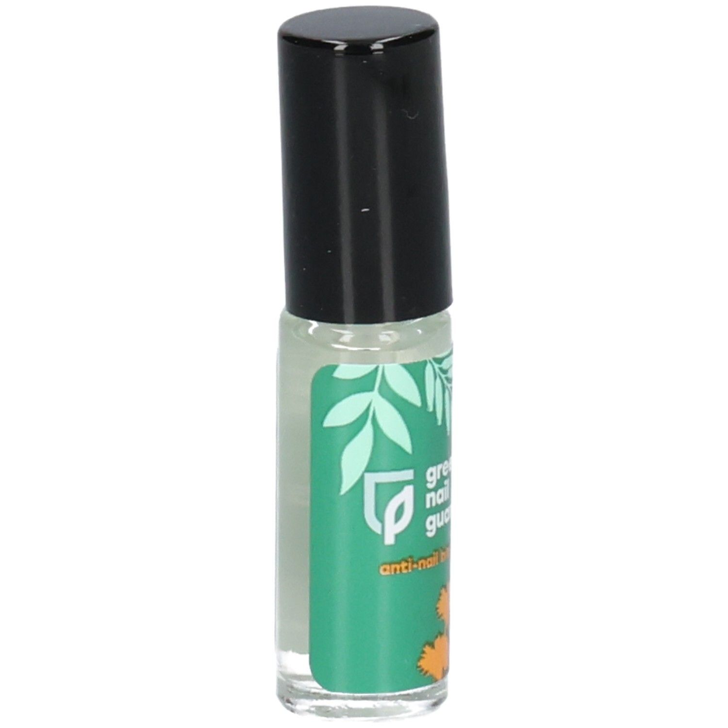 Nagelbeschermingsroller met zwarte dop en groen etiket met blad- en bloemmotief.