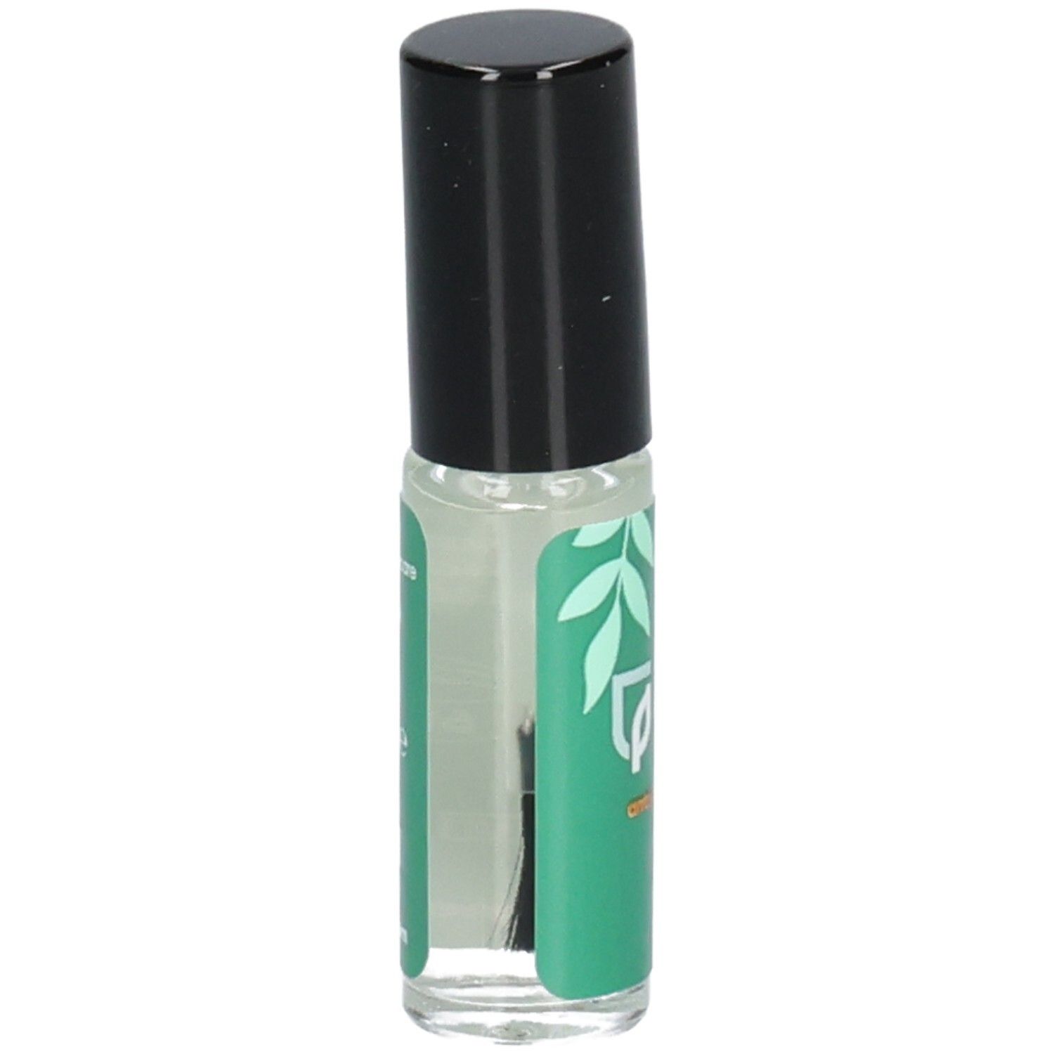 Nagelbeschermingsroller met transparante inhoud, zwarte dop en groen etiket.