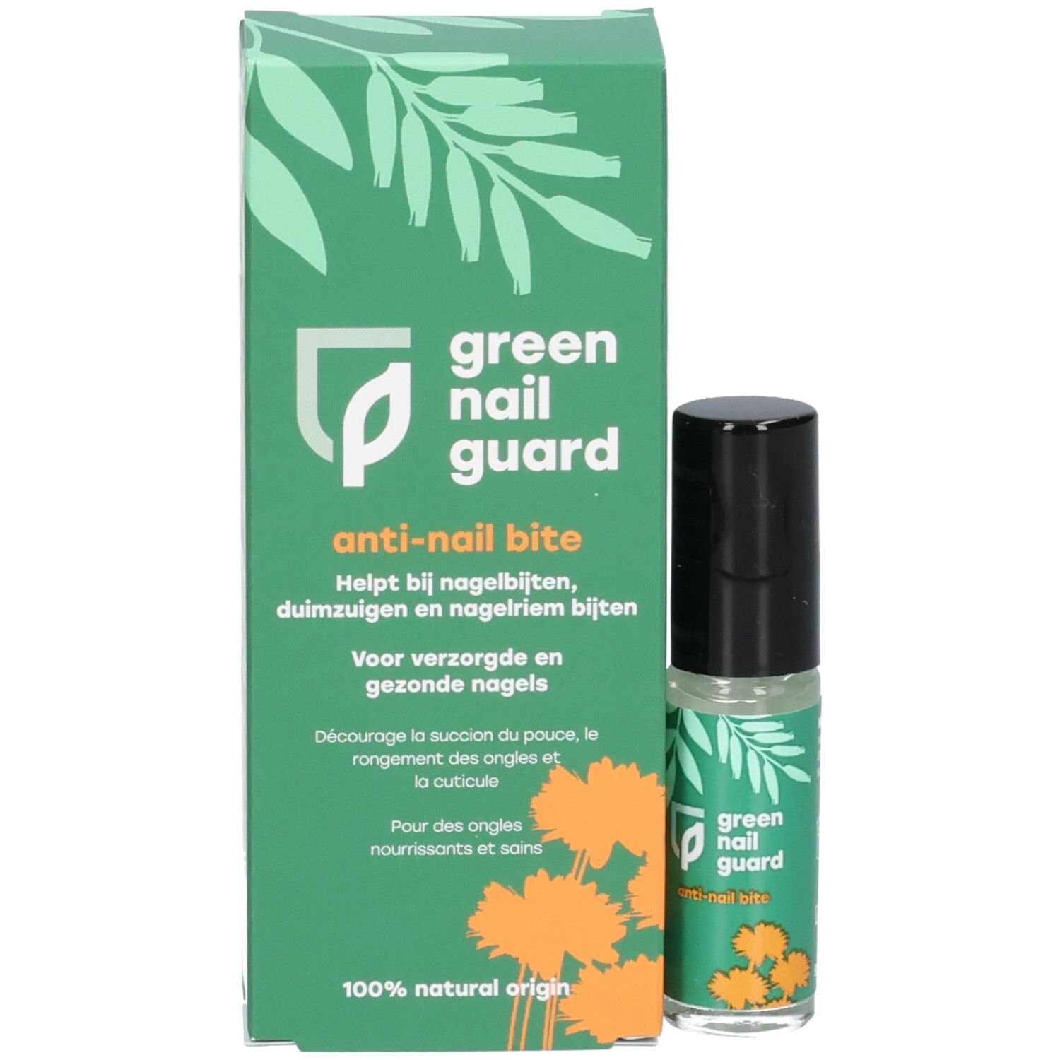 Nagelbeschermingsroller en verpakking met opschrift 'green nail guard' en 'anti-nail bite'.
