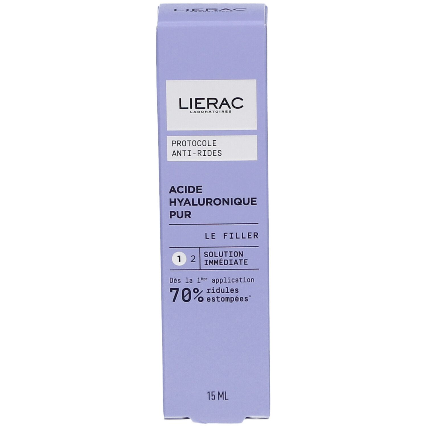 Boîte lilas. Logo Lierac. Texte : Protocole Anti-Rides, Acide Hyaluronique Pur, Le Filler. 15 ml. 70% des rides estompées.