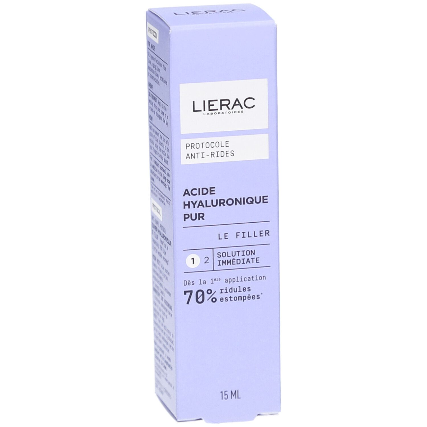 Boîte lilas. Logo Lierac. Texte : Protocole Anti-Rides, Acide Hyaluronique Pur, Le Filler. 15 ml. 70% des rides estompées.