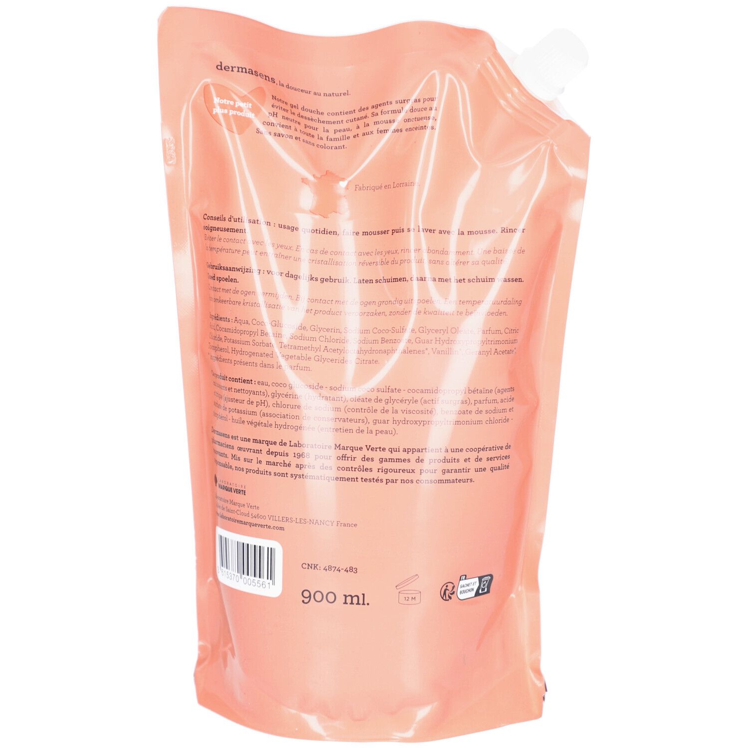 Dos de la recharge. Texte: DERMASENS, ingrédients, 900 ml. Bouchon blanc.