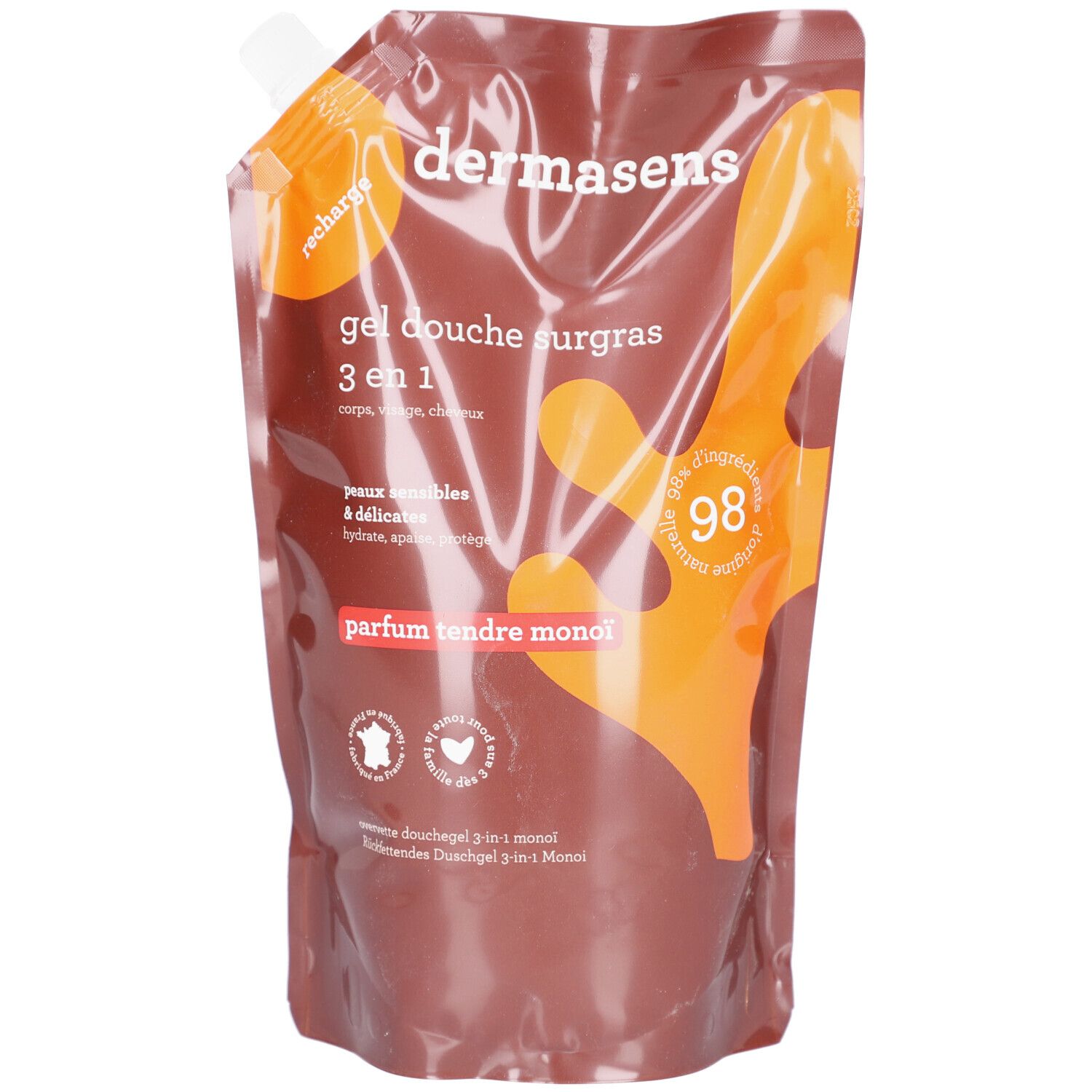 Navulverpakking. Tekst: gel douche surgras 3 en 1, parfum tendre monoï. Merk: dermasens. Keurmerken.