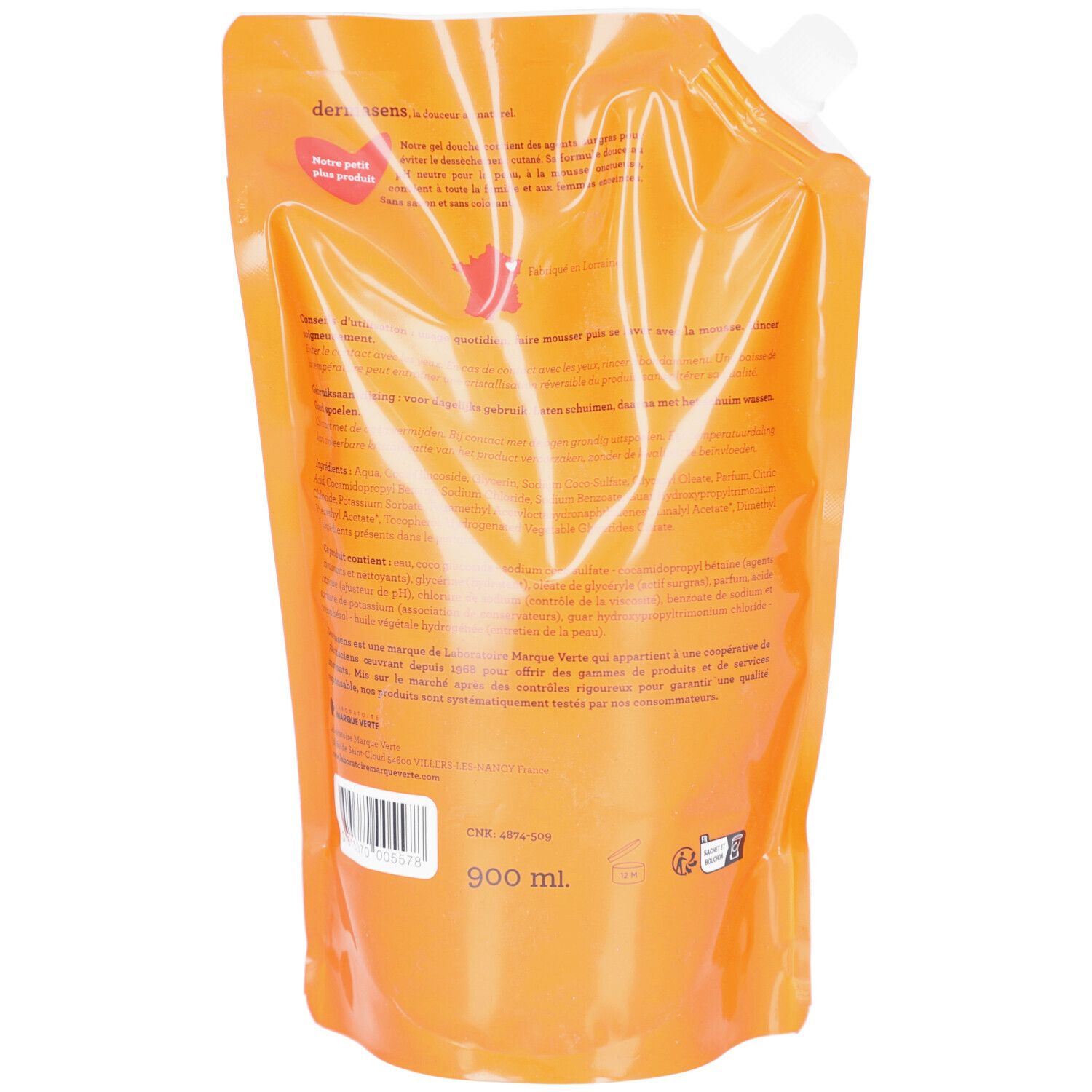 Achterkant van de navulverpakking. Tekst: 900 ml. Informatie en logo's.