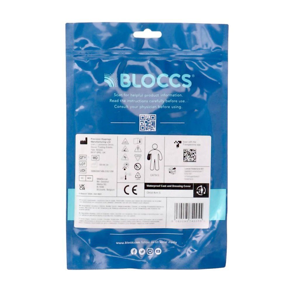 Blauwe verpakking met productinformatie. Opschrift: Bloccs, pictogrammen, barcode, CE-markering.