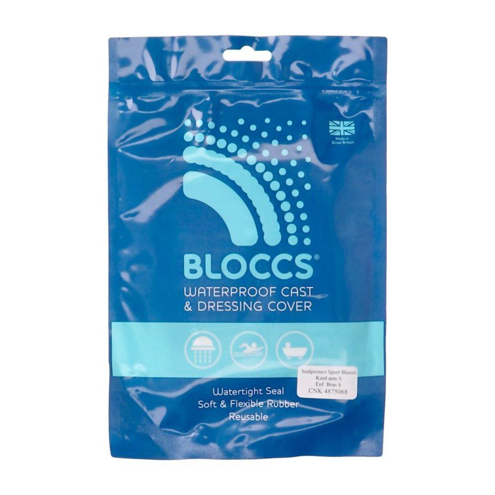 Emballage bleu. Inscription: Bloccs, Waterproof Cast & Dressing Cover, joint étanche, réutilisable.