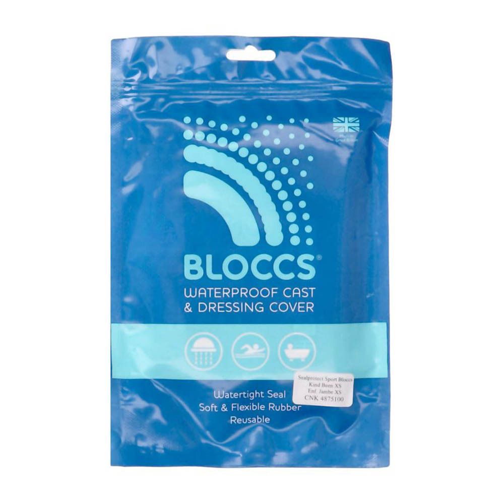 Emballage bleu Bloccs. Housse imperméable pour plâtre et pansement. Caoutchouc souple et flexible, réutilisable.