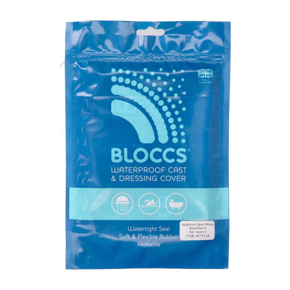 Emballage bleu. Inscription: Bloccs Waterproof Cast & Dressing Cover. Joint étanche. Caoutchouc souple et flexible. Réutilisable. Drapeau britannique.