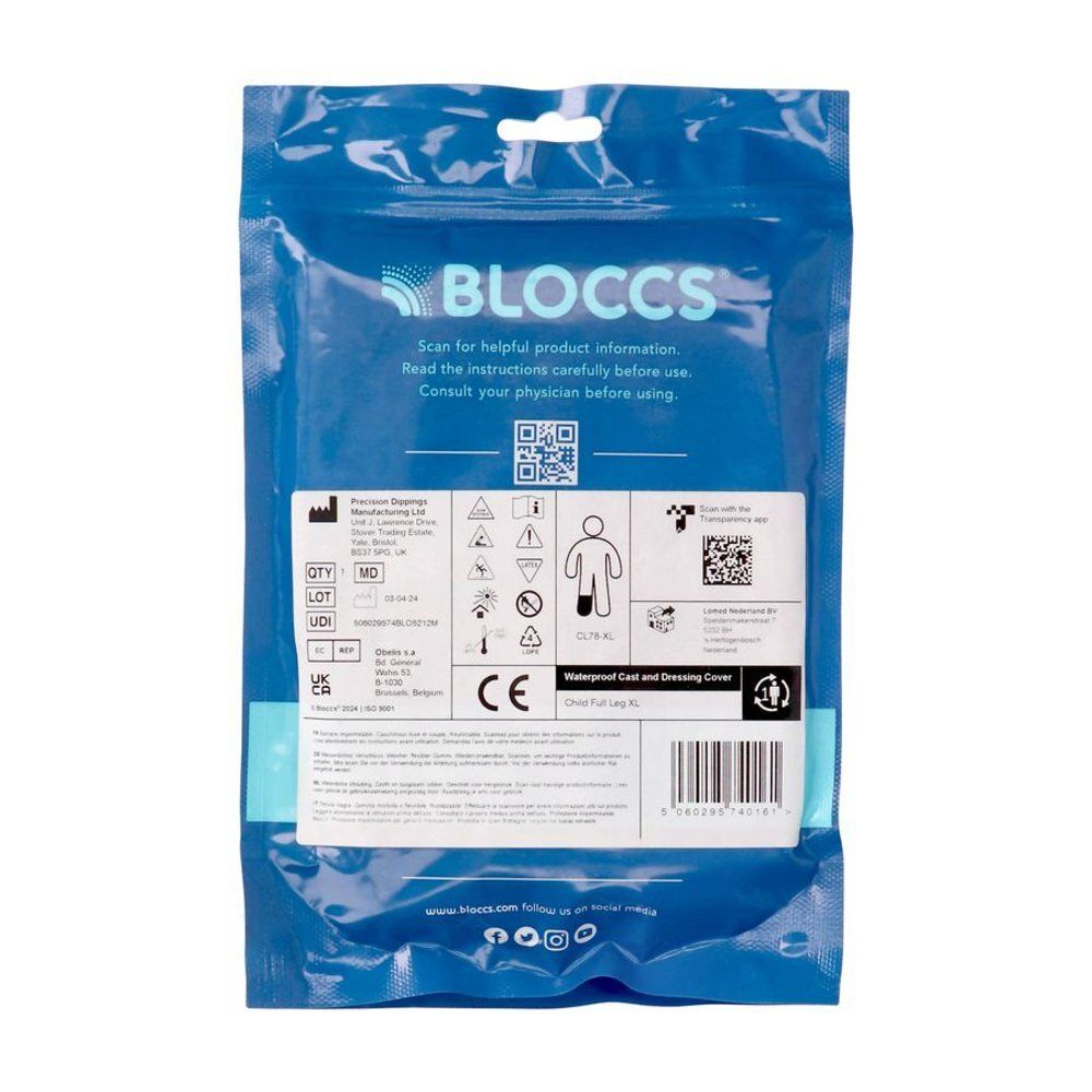 Blauwe verpakking met productinformatie en QR-code. Tekst: Bloccs, Waterproof Cast and Dressing Cover. CE-markering.