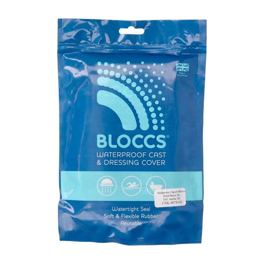 Emballage bleu. Texte: Bloccs, Waterproof Cast & Dressing Cover. Joint étanche. Caoutchouc souple et flexible. Réutilisable.